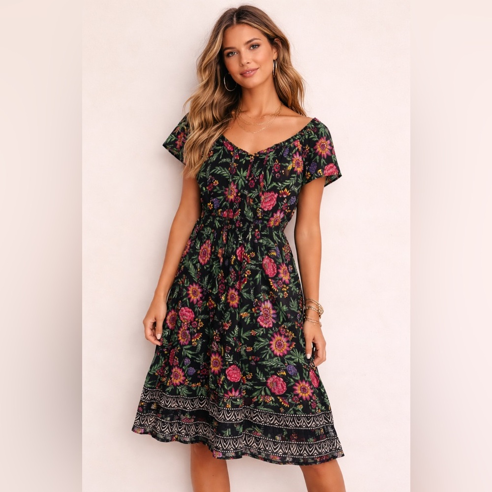 Patrons of Peace Black Midi Dress with Pink & Green Floral Print